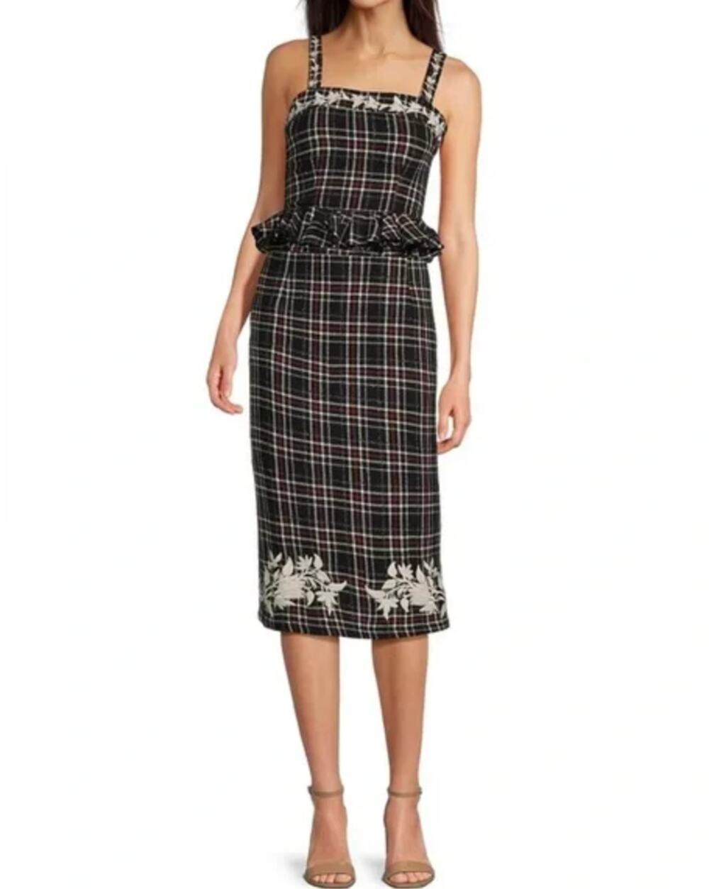 FANM MON Tweed Tartan Plaid Embroidered Square Neck Peplum Top XS NWT